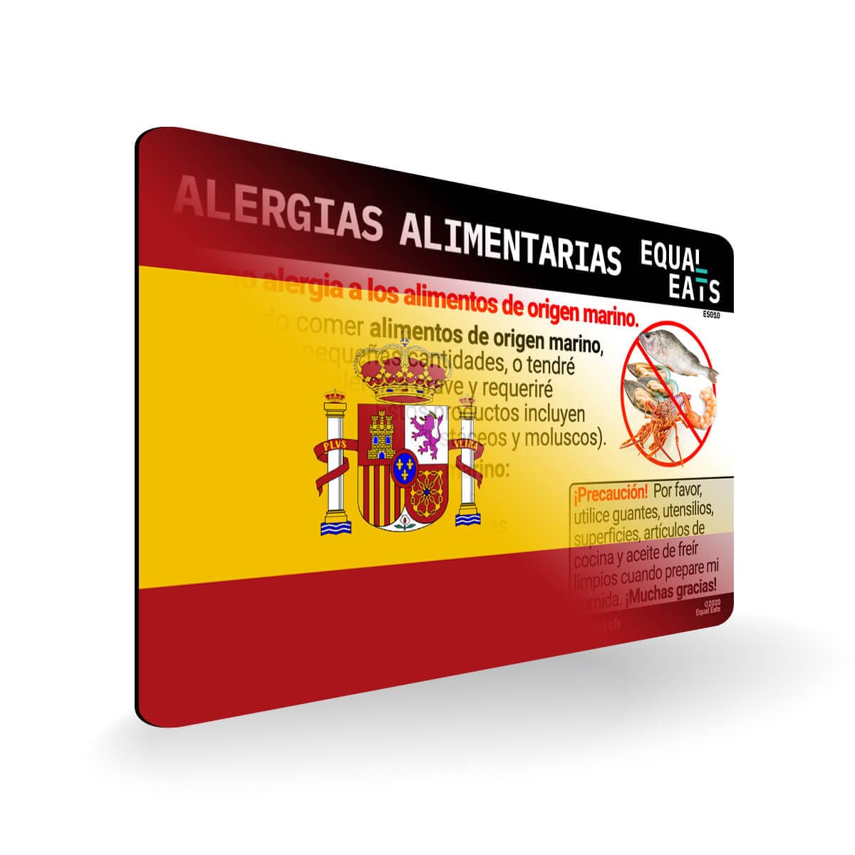 Seafood Allergy in Spanish. Seafood Allergy Card for Spain