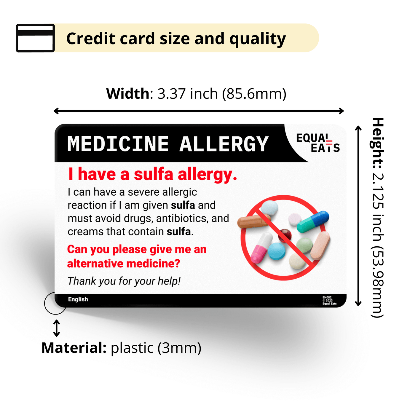 Equal Eats Sulfa Medicine Allergy Translation Card for Travel