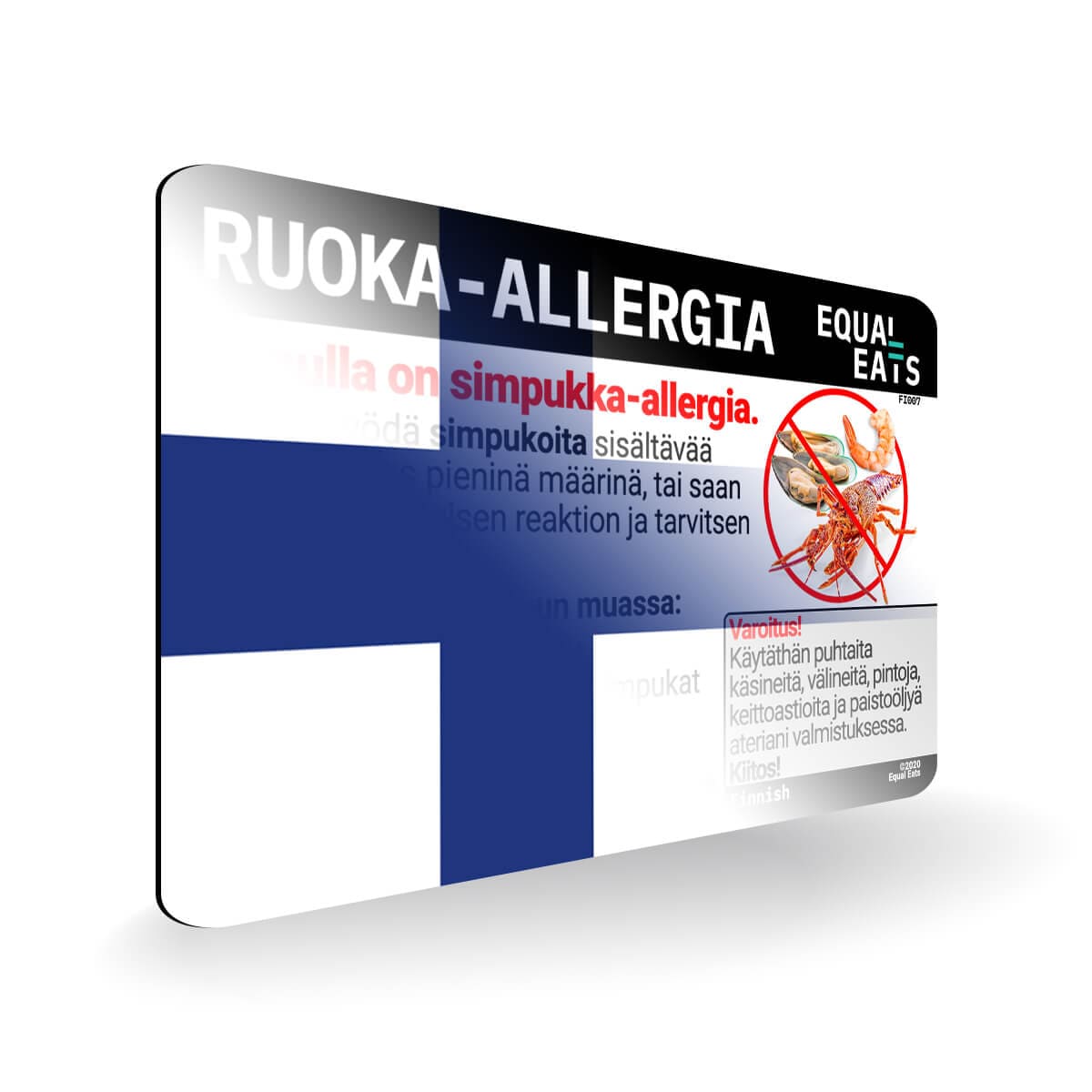 Shellfish Allergy in Finnish. Shellfish Allergy Card for Finland