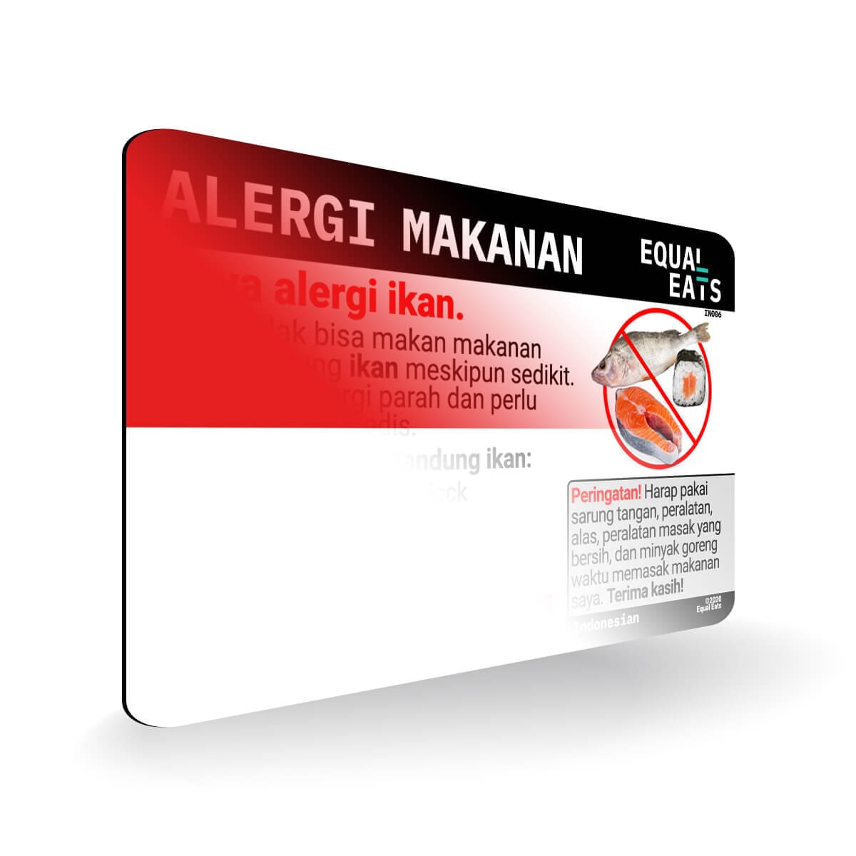 Fish Allergy in Indonesian. Fish Allergy Card for Indonesia