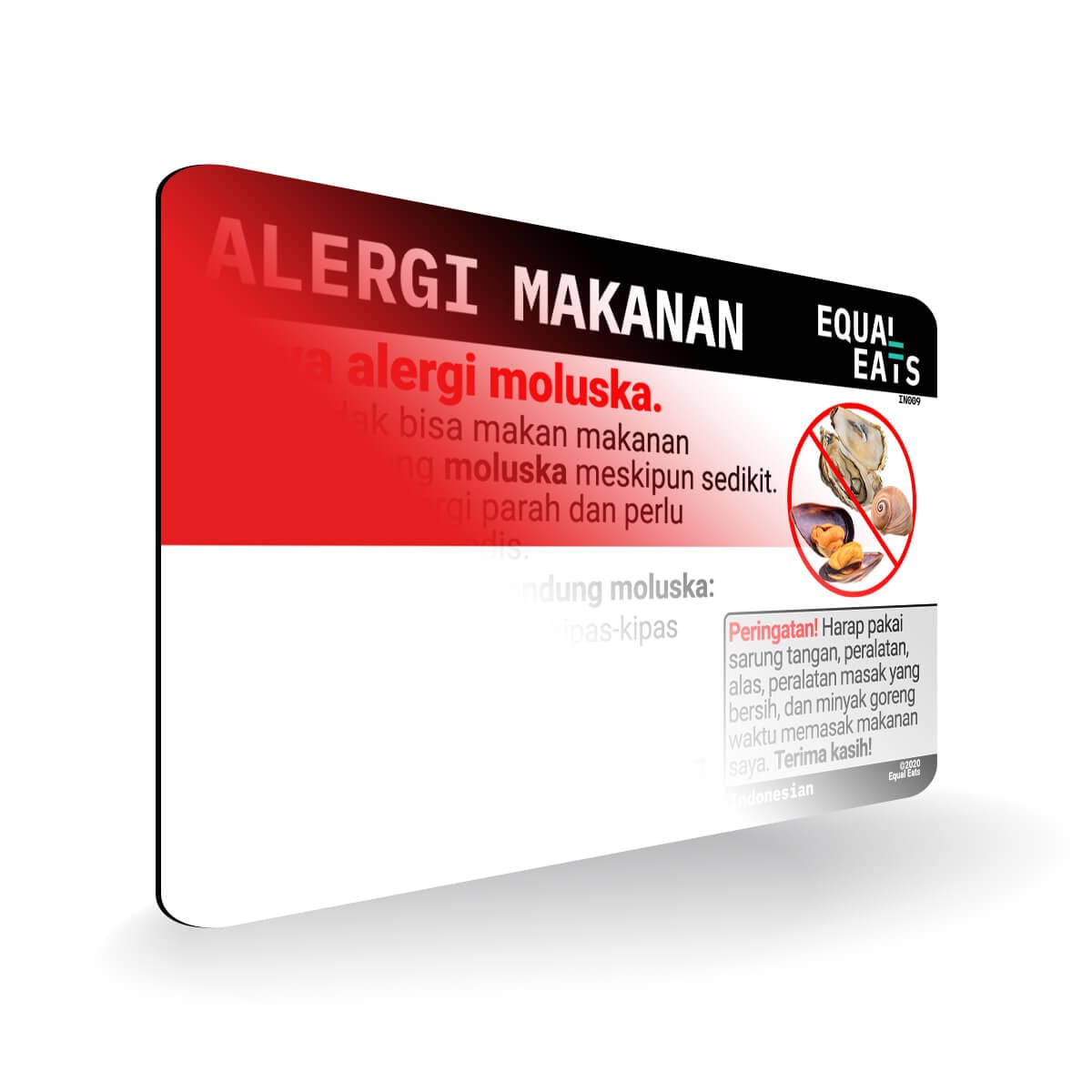 Mollusk Allergy in Indonesian. Mollusk Allergy Card for Indonesia