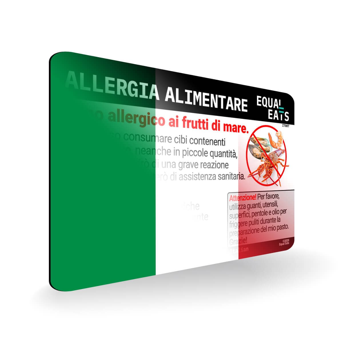 Shellfish Allergy in Italian. Shellfish Allergy Card for Italy