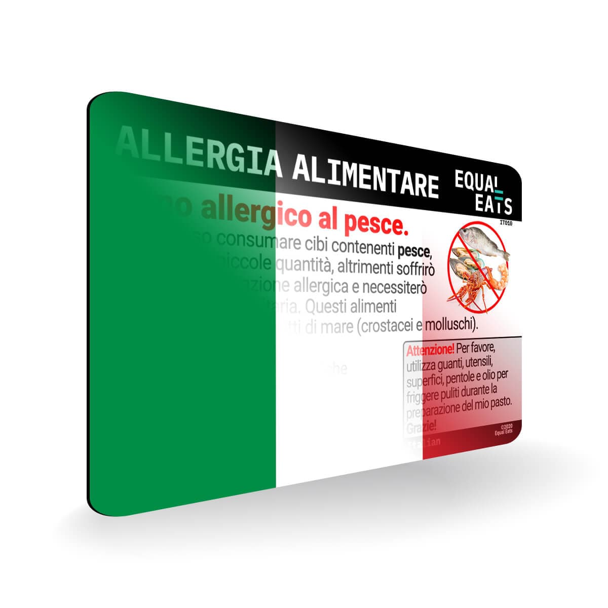 Seafood Allergy in Italian. Seafood Allergy Card for Italy