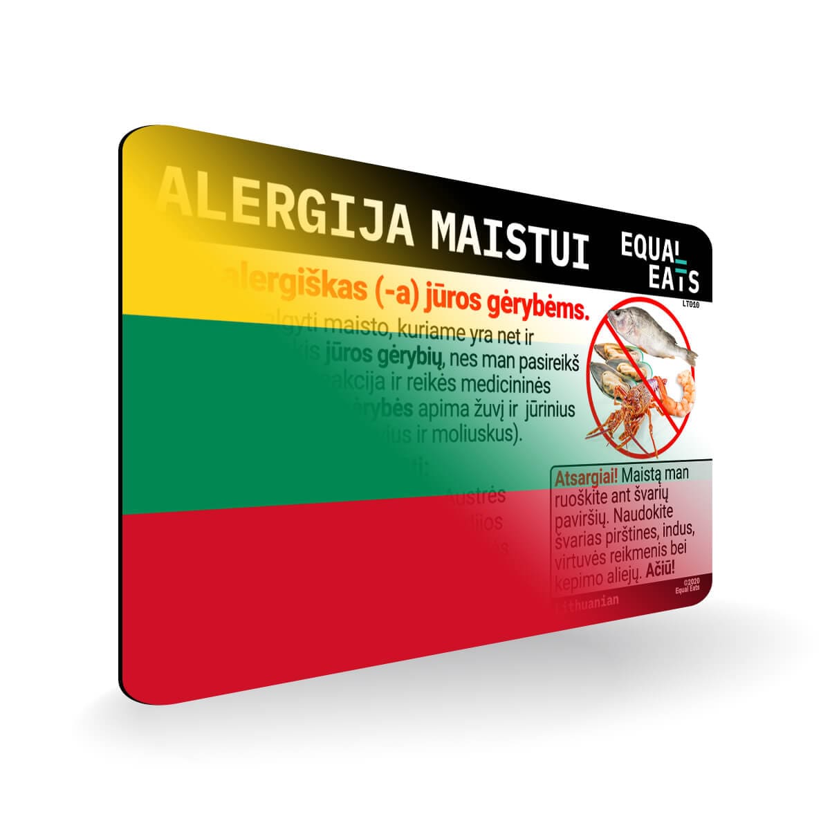 Seafood Allergy in Lithuanian. Seafood Allergy Card for Lithuania