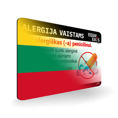 Penicillin Allergy in Lithuanian. Penicillin medical ID Card for Lithuania