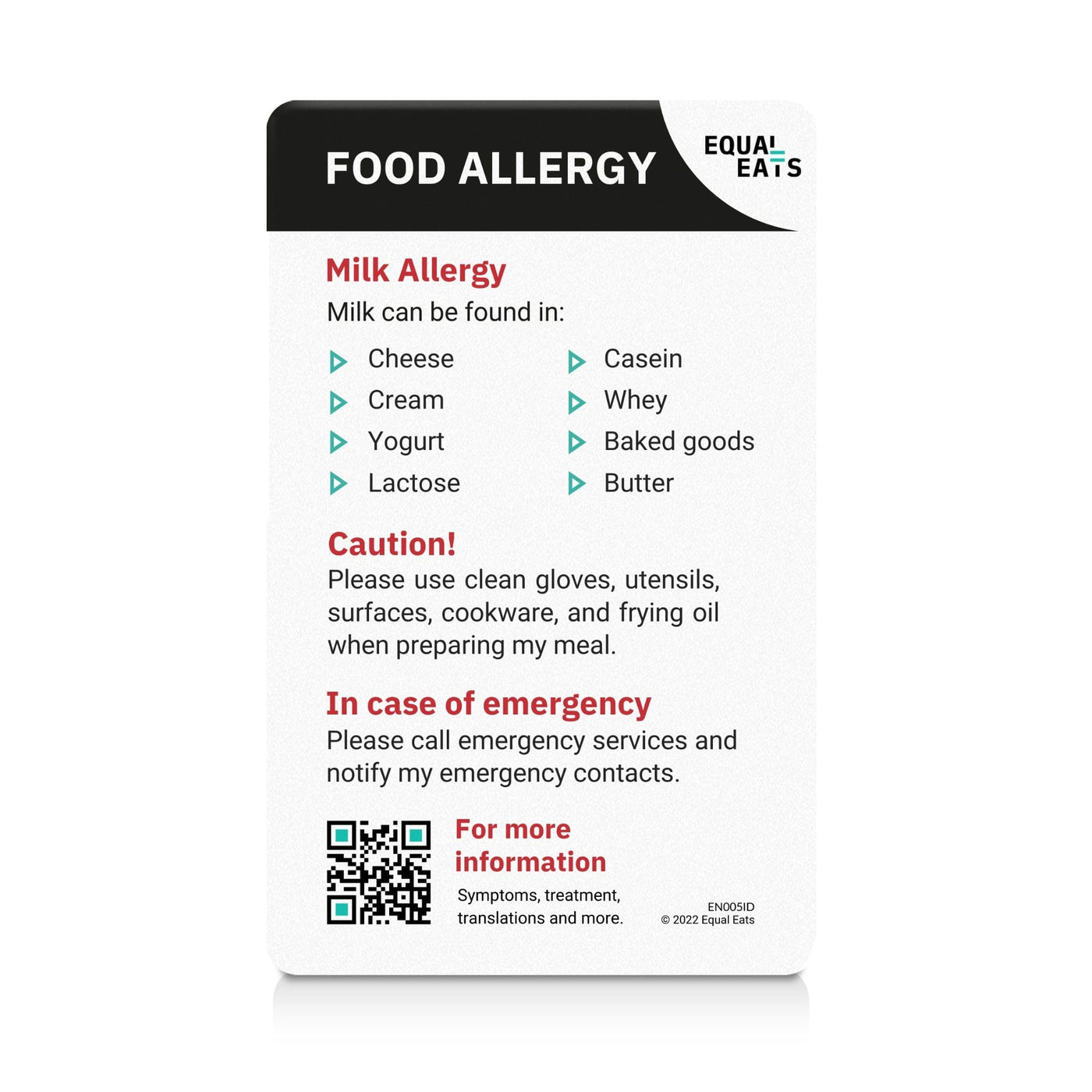 Milk Allergy ID Card List of Food (EqualEats)