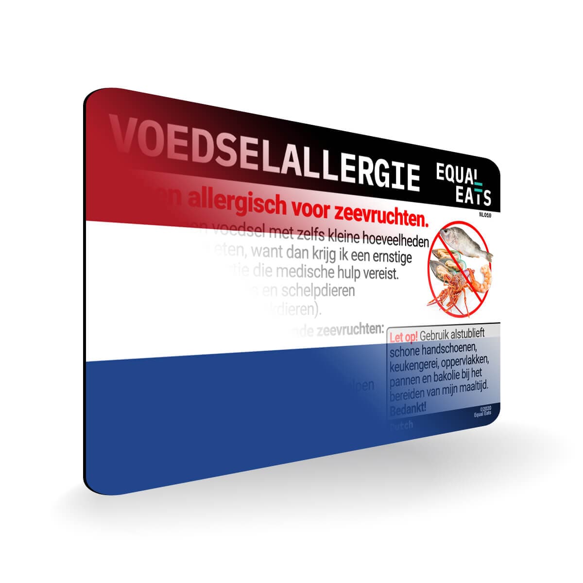 Seafood Allergy in Dutch. Seafood Allergy Card for Netherlands