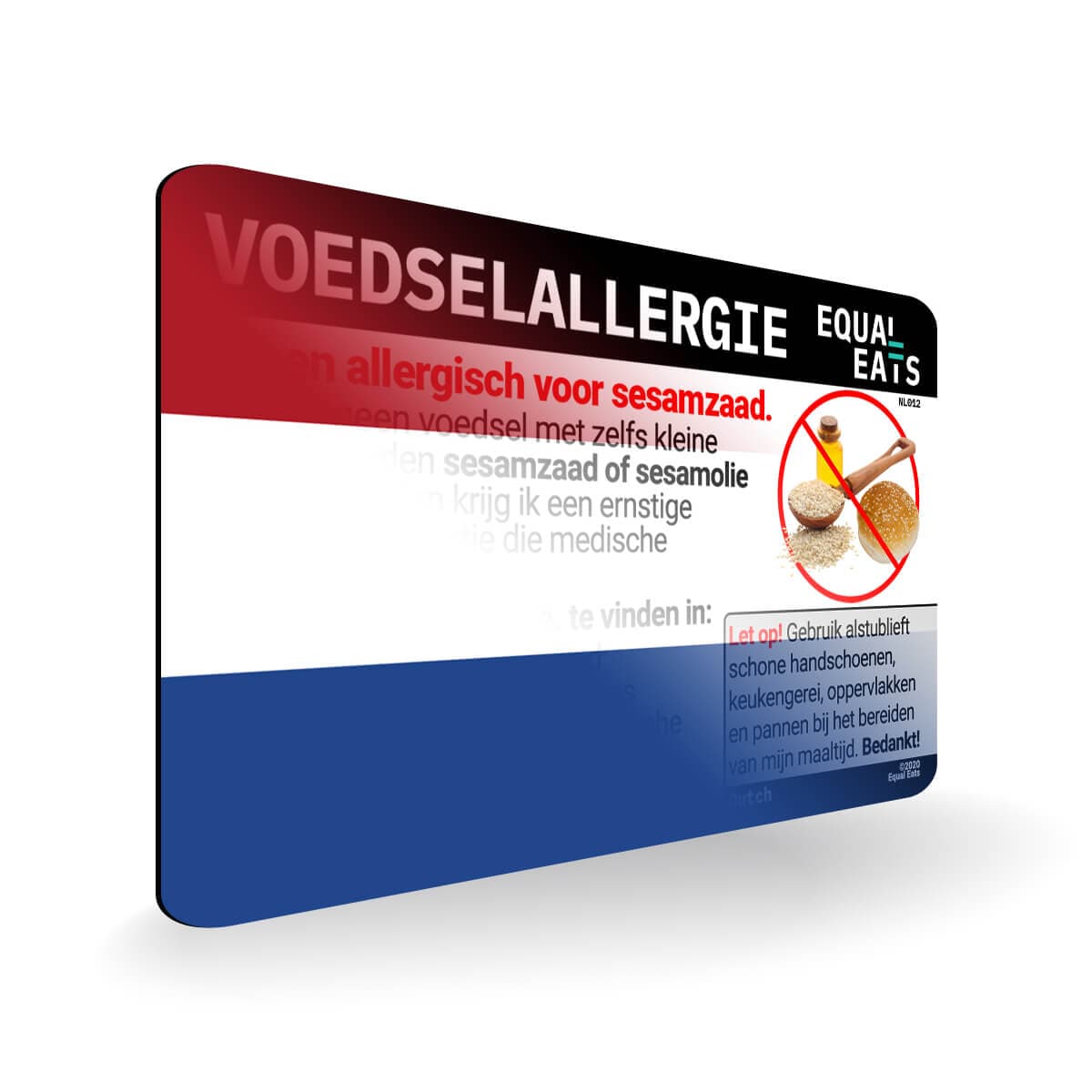 Sesame Allergy in Dutch. Sesame Allergy Card for Netherlands