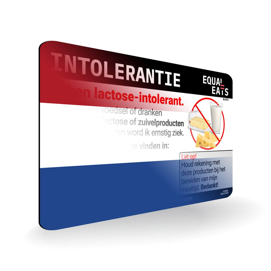 Lactose Intolerance in Dutch. Lactose Intolerant Card for Netherlands