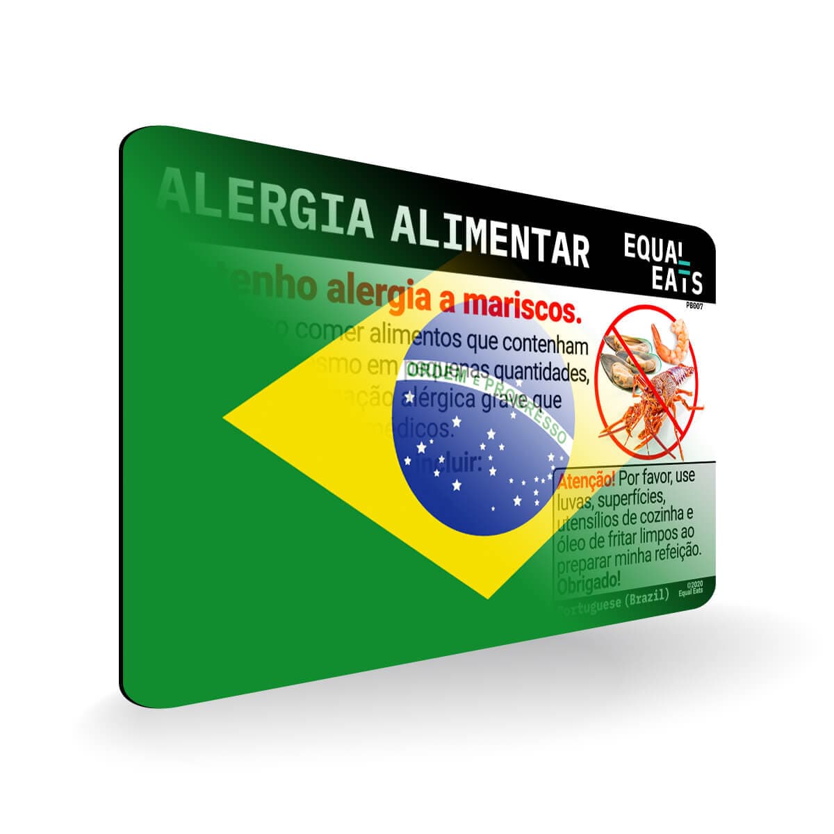 Shellfish Allergy in Portuguese. Shellfish Allergy Card for Brazil