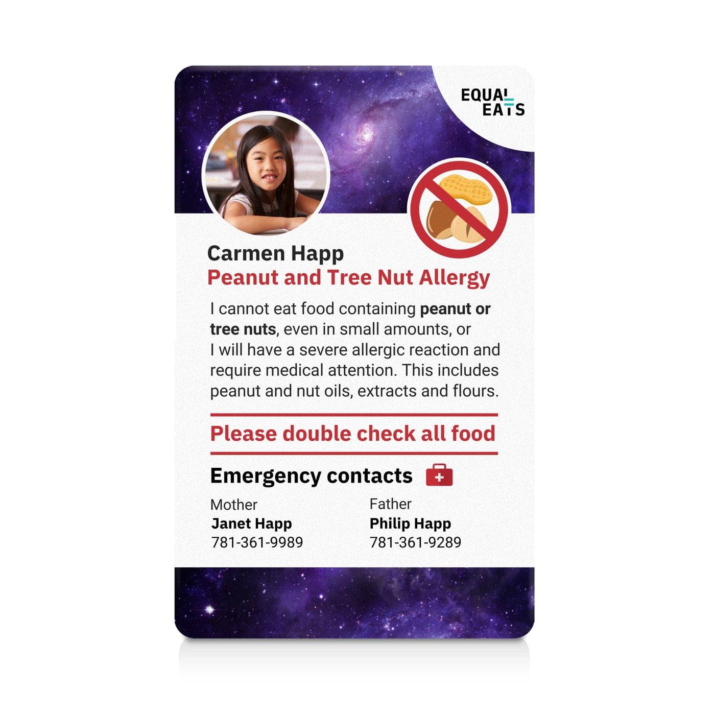 Galaxy Peanut and Tree Nut Allergy ID Card (EqualEats)
