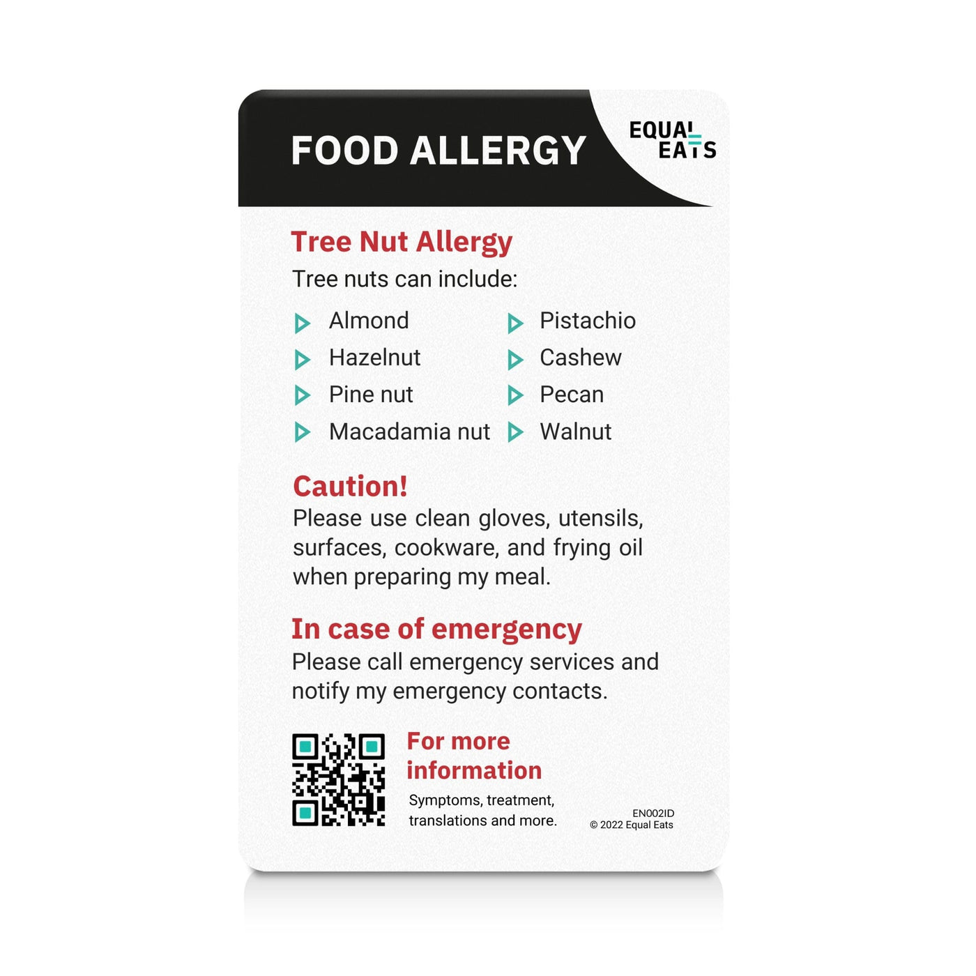 Tree Nut Allergy ID Card List of Foods (EqualEats)