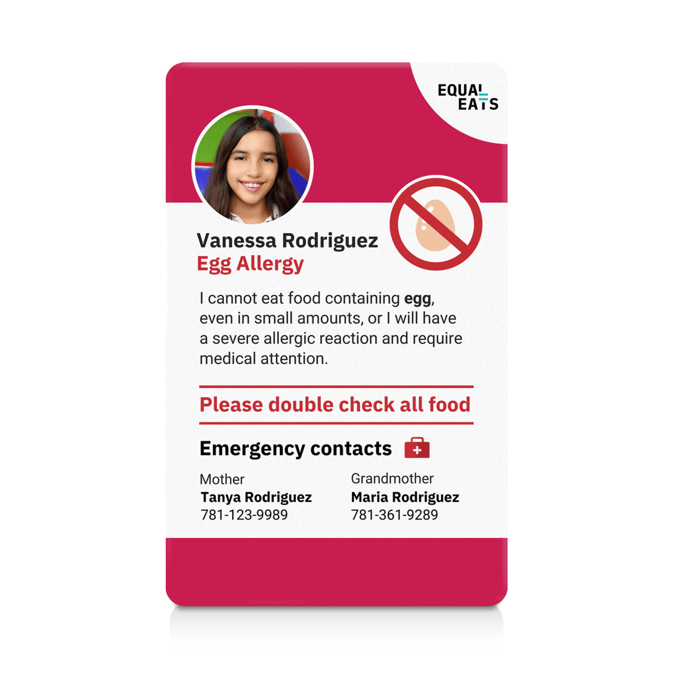 Viva Magenta Egg Allergy ID Card (EqualEats)